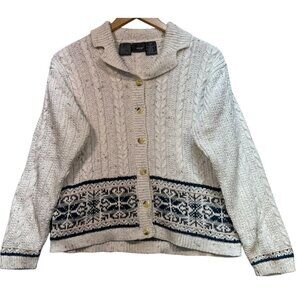 Lizwear Women Cable Knit Cardigan Sweater Long Sleeve Sz S Ivory Black Fair Isle